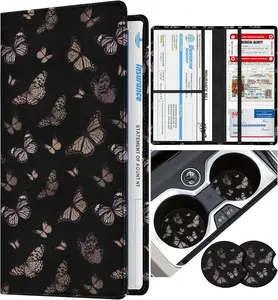 Registration and  Holder - Butterfly  Glove Box Organizer Women with  Shut Leather Automobile License Holders Coasters Auto Accessories Case for Document