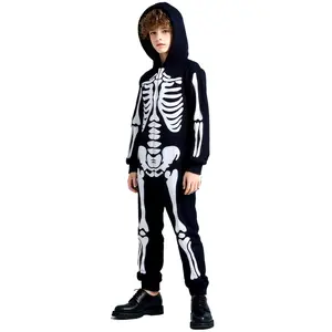 Halloween Children Costume Skeleton White Glow in the Dark Ghost Outfit One Piece Hooded Cosplay Polyester