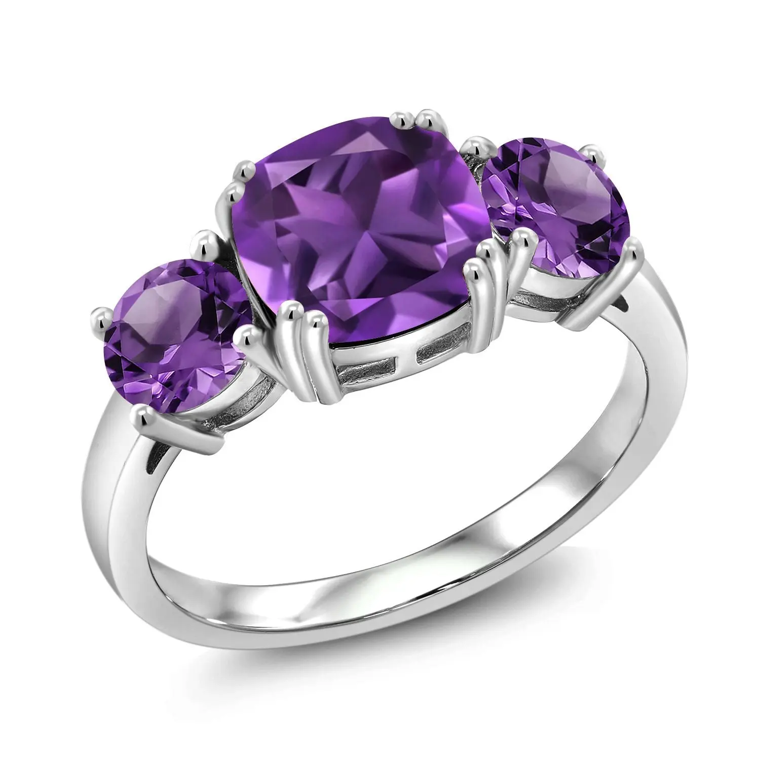 Gem Stone King Women's 3.00 Cttw Cushion Cut Purple Amethyst 3-Stone Engagement Ring, 925 Sterling Silver, February Birthstone Jewelry Ring, 8MM Cushion Cut, Cushion Cut Ring, Jewelry Rings