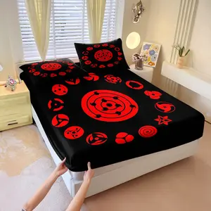 Naruto Sharingan Fitted Sheet Set, Bedsheet Sets, Includes 1 Fitted Sheet & 2 Pillowcases without Filler, Personalized Naruto-themed print, trendy and unique, washable and durable, a great addition to any anime room.