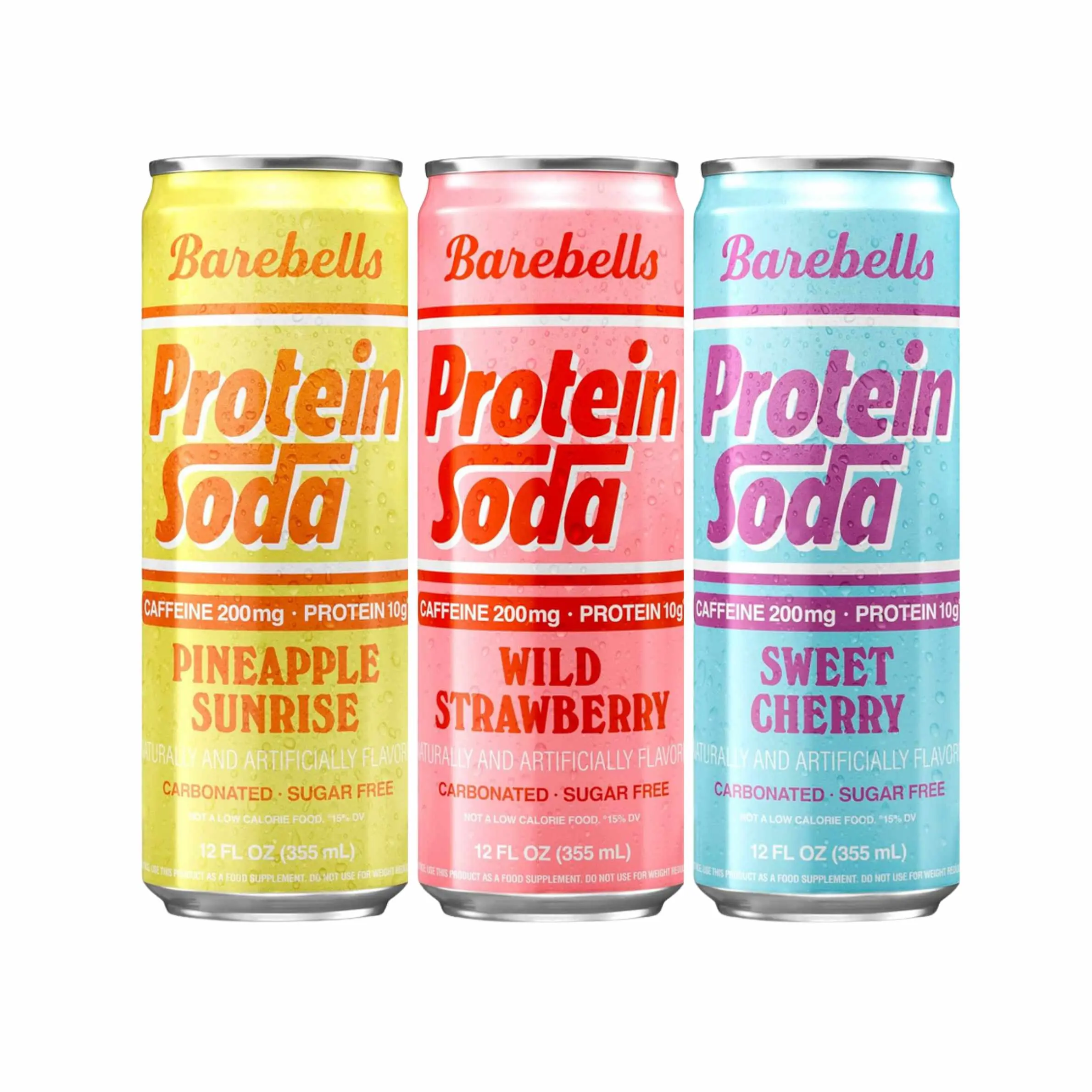 Barebells Protein Soda Variety Pack - 12 Cans, Pineapple Sunrise/Wild Strawberry/Sweet Cherry Flavors, 200mg Caffeine, 10g Protein, 0 Sugar Sparkling Drink, Carbonated Sports Energy Beverage