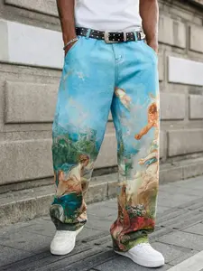 Men's Streetwear Y2K Fashion Oil Painting Print Jeans, Loose Wide Leg Long Pants, Trendy, Classic and Stylish Denim for Men