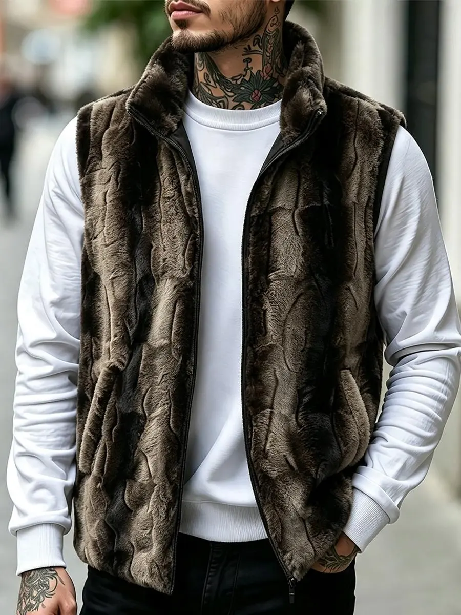 Men's Gradient Faux Fur Stand-Collar Full-Zip Sleeveless Warm Waistcoat - Menswear Tops, Relaxed Fit Small Textured Plush Gilet for Autumn Winter Casual Street Layering & Matching Outfits