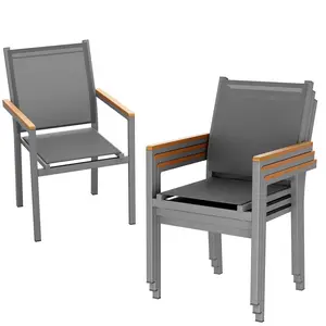 TLGREEN Patio Chairs Set of 2/4/6, Stackable Aluminum Dining Chair with Textilene Fabric & WPC Handrail, 17" Seat Height, All Weather Outdoor Chair for Poolside, Balcony, Terrace & Restaurants, Grey