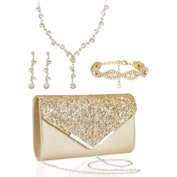 4 Pcs Purse Rhinestone Jewelry Set Prom Jewelry Rhinestone Clutch Purse Necklace Earrings Bracelets for Women Bride