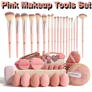 48-Piece Reusable Cosmetic Makeup Remover Puff Set – Plastic & Aluminium Handle Dry/Wet Dual-Use Nylon Bristle Eyeliner & Brow Brush, Transparent Nylon Bag, USB-C Facial Cleansing & Eyebrow Shaping Kit