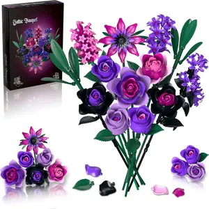 Purple Rose Bouquet Building Set, Flowers for Adults Women Gothic Artificial Botanical Collection Halloween Christmas Valentine's Gifts Home Decor, Diy Artificial Rose