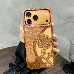 Luxury Full Screen Glitter Rhinestone Flowers Phone Case For iPhone 17 16 15 14 13 12 Pro Max Air Bling Frame Armor Clear Cover