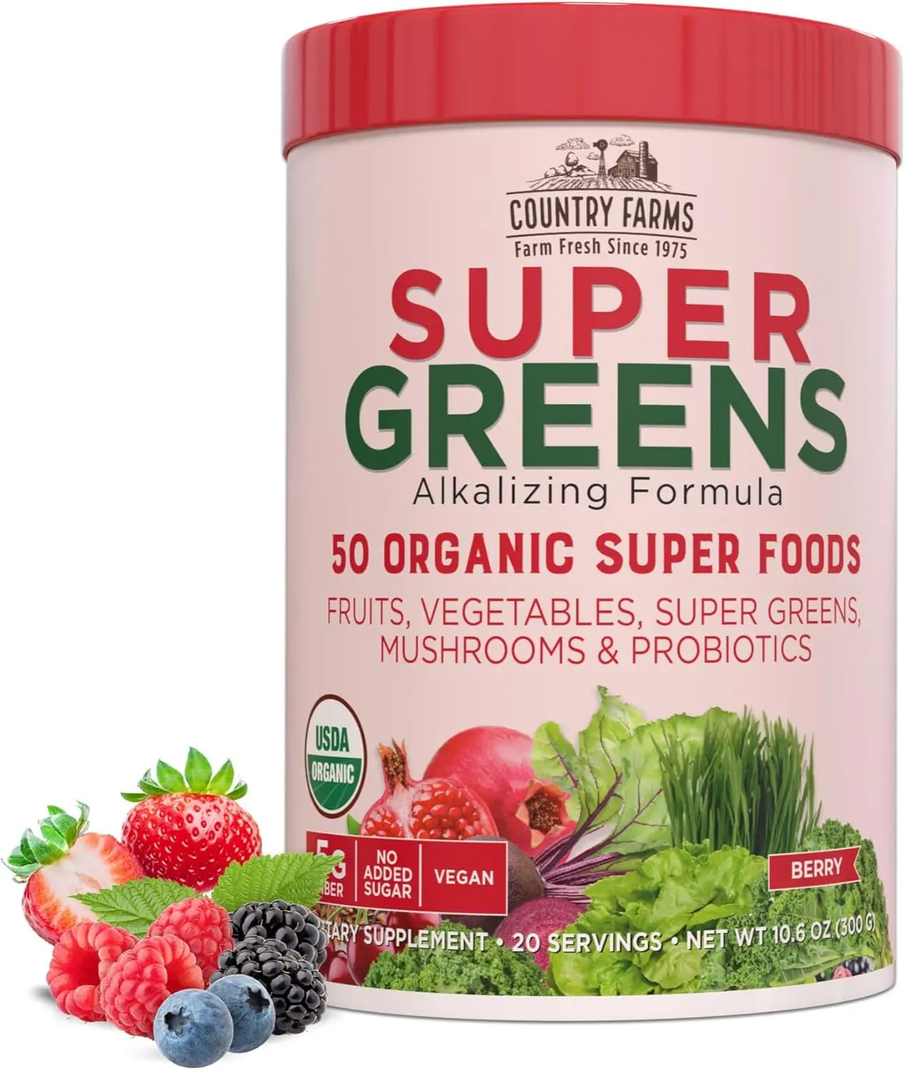 Country Farms Super Greens Berry Flavor, 50 Organic Super Foods, Packed with Fiber, USDA Organic Drink Mix, Fruits, Vegetables, Super Greens, Mushrooms & Probiotics, Supports Energy, 5g Fiber