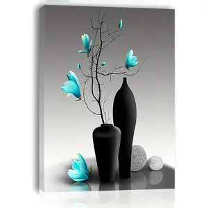 Turquoise Orchid Pattern Wooden Frame Canvas Painting, Modern Art Wall Decoration, Home Living Room Bedroom Office Wall Decoration, Poster