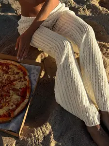 Women's Loose Fit Knitted Wide Leg Pants, Elastic Waist Casual Straight-Leg Long Pant, Holiday Style Plain Design, Bottom