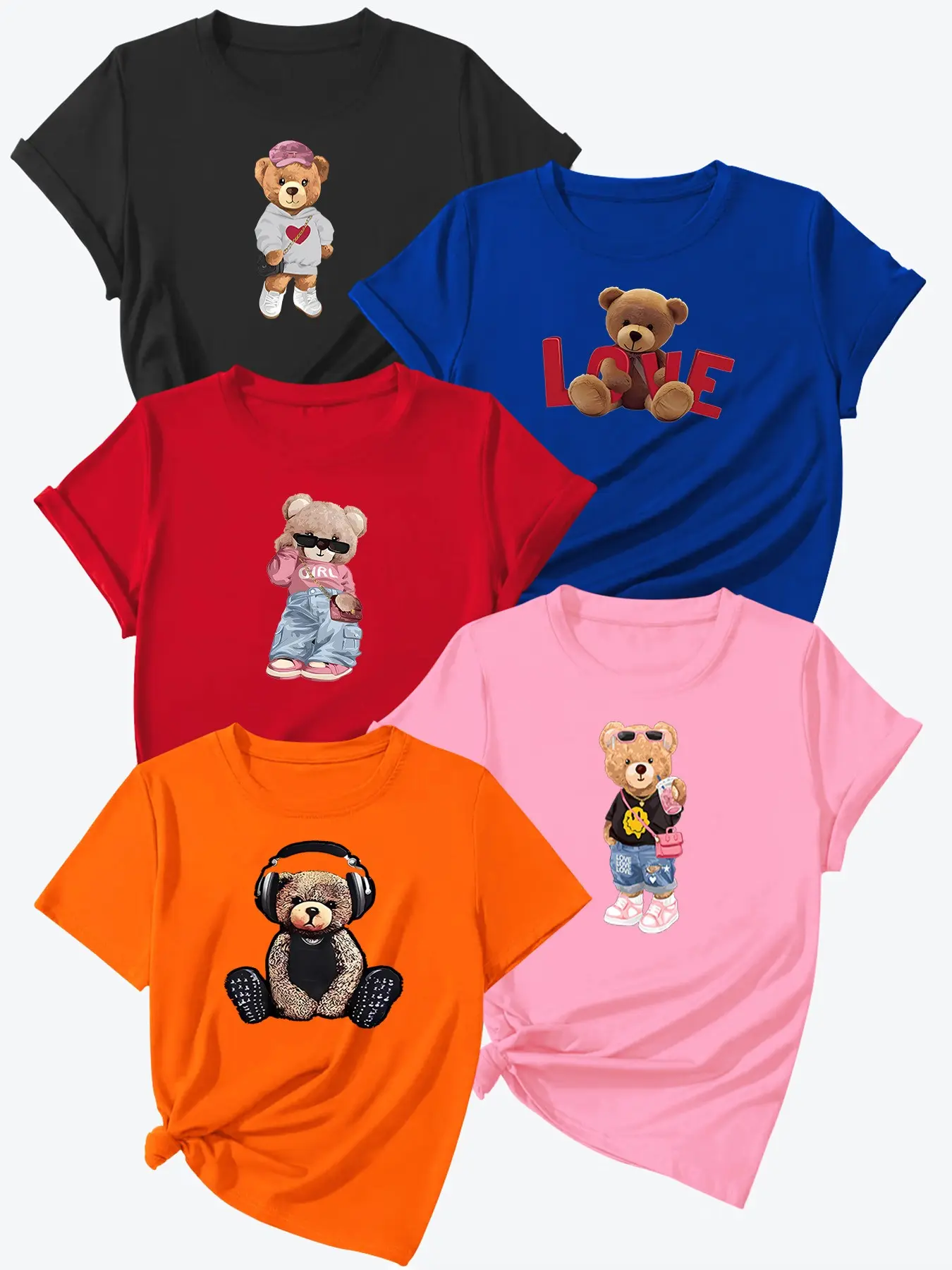 Women's Letter Element Heart Bear Print Short Sleeve Summer Round Neck Fitted Top, Blue High-Quality Sporty Casual Streetwear Lady Shirt Set of 5