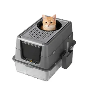 Spacious & Leak-Proof Cat Litter Box - Stainless Steel Enclosed Kitty Toilet with 180° Turn over-Top Lid - Easy to Clean, Odor Control, for All Cat Sizes, Deep Black, 60x40x38.5cm, Stainless Steel Litter Box, Enclosed Type