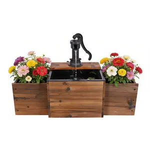 Outdoor water dispenser, carbonized pine vintage water pump fountain with planter box, plug-in electric decorative hand pump, suitable for planting flowers, herbs and other plants, outdoor waterscape decoration for gardens, patios and backyards