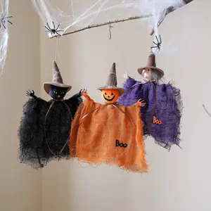 A set of 3 Halloween pumpkin witch black cat decorative pendants wearing wizard hats and gauze capes is an essential decoration for easily creating a Halloween atmosphere at home and a Halloween gift for friends.