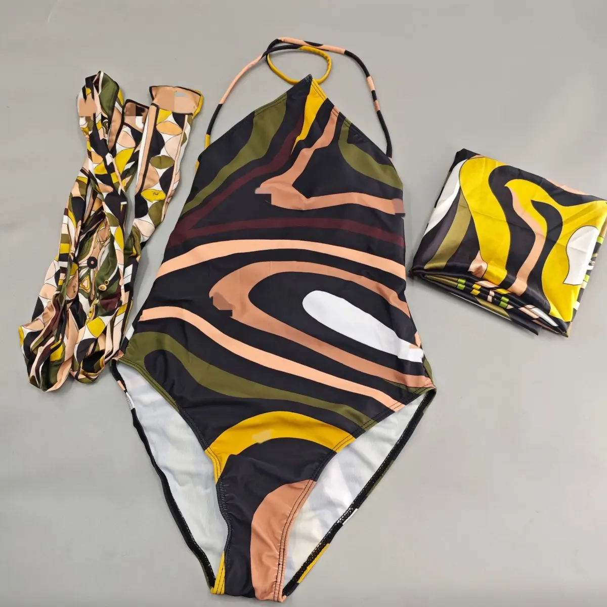 Women's Chic 3-Piece Halter Swimwear Set | Quick-Drying Retro Swirl Print Fabric with V-Neck, Matching Scarf & Headband, Chic Swimsuit Set, Bathing Suit, Bikini Sets