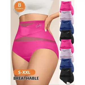 Women's Letter Print Contrast Mesh Criss Cross High Waist Briefs, Breathable Comfy Sheer Knicker for Daily Wear, Women's Underwear for All Seasons