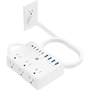 100W  Station, 6 AC Outlets 8 USB Power Strip with 2000J Surge Protector, 5ft Flat Plug Extension Cord, Compact for Desk  Office Dorm, White