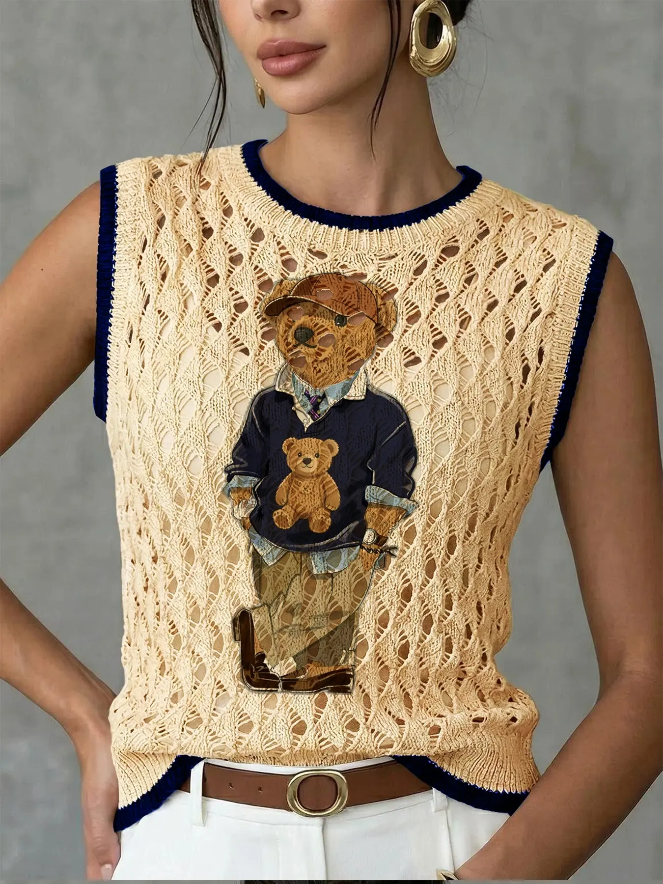 Women's Cute Teddy Bear Animal Print Round Neck Sweater Vest, Casual Sleeveless Knitted Vest, Breathable Knitwear for Spring Summer Fall, Breathable Fashion Top