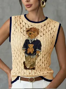 Women's Cute Teddy Bear Animal Print Round Neck Sweater Vest, Casual Sleeveless Knitted Vest for Spring Summer Fall, Breathable Fashion Top