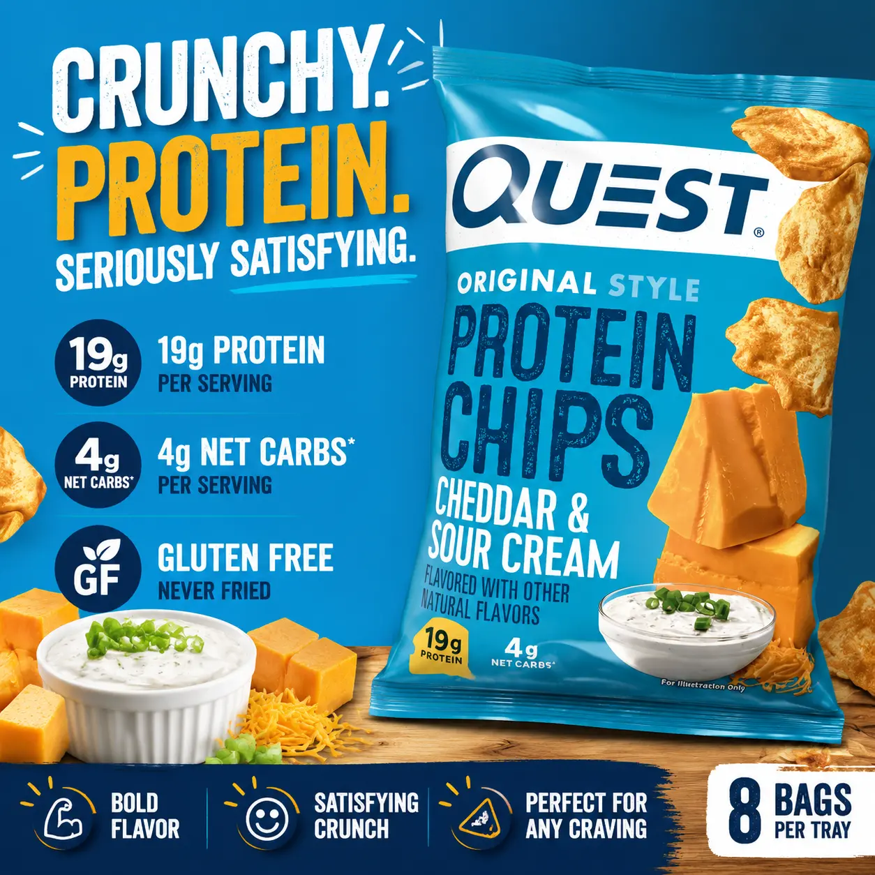 Quest Protein Chips Cheddar & Sour Cream 1.1 oz 8 Count  High Protein Tortilla Style Chips | Savory Cheesy Snack for Active Lifestyles