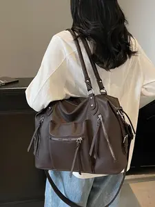 Ladies' Shoulder Bag, Trendy Crossbody Bag, Crossbody Purse, PU Tote Satchel, Fashionable Simple Casual Retro Design, Solid Color Large Capacity Durable Versatile Handbag for Daily Use