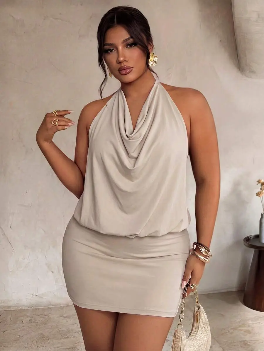 ZENIE Plus Size Elegant Sexy Draped Halter Neck Bodycon Dress Beige Date Concert Spring Summer