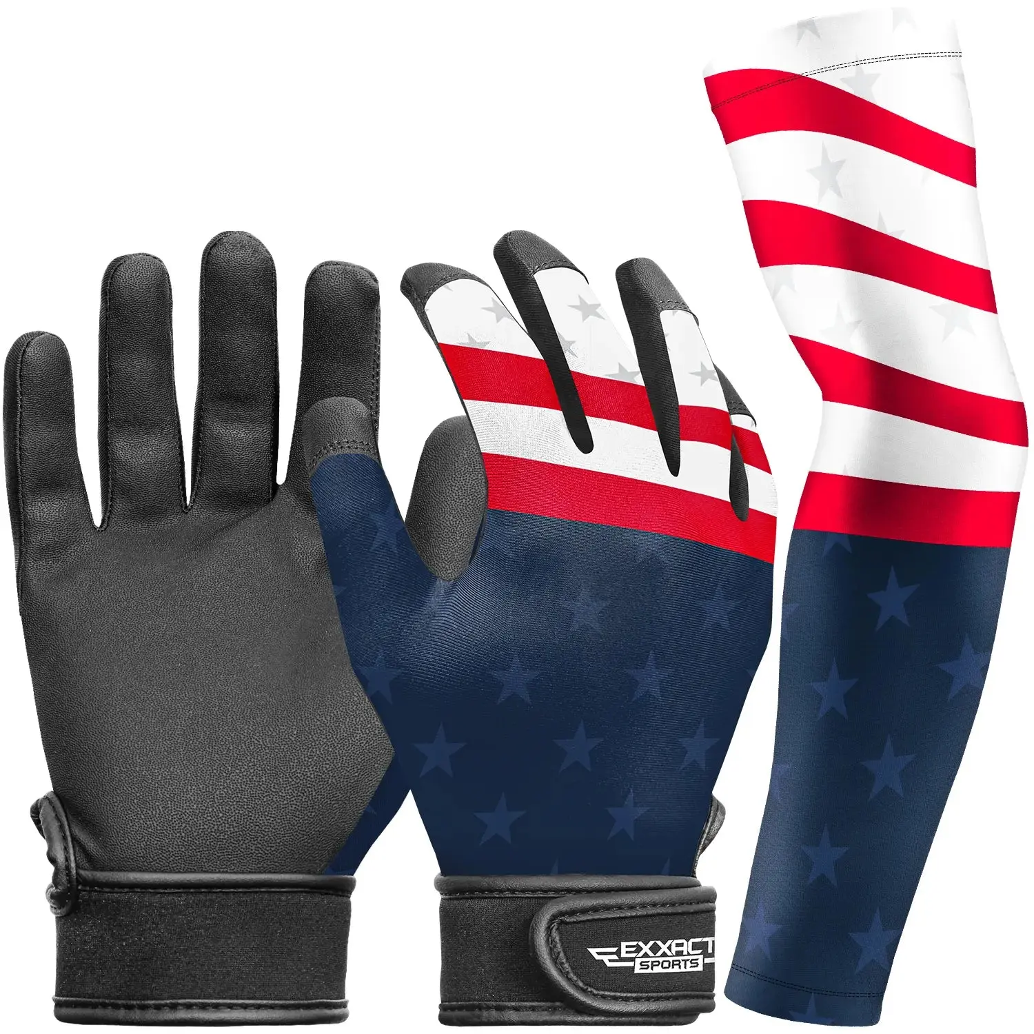 Exxact Sports Sturdy Youth Nonslip Batting Gloves with Adjustable Strap & Compression Arm Sleeve - Kids Baseball, Softball Equipment for Batting Practice (Patriot)