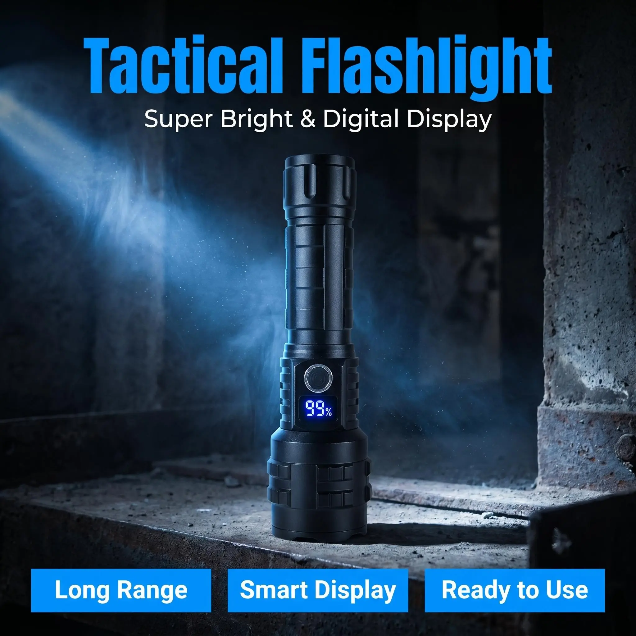 Rechargeable Outdoor Tactical Flashlight - 20W High Lumen Brightness, Digital Power Display, Zoomable, Long Range, Built-in Cells, Super Bright Tactical Flashlights for Camping, Emergency Use