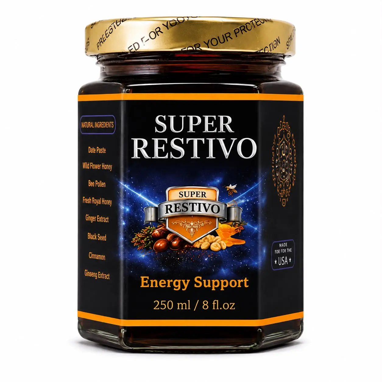 Super Restivo Energy Support Honey Blend 250ml | Natural Date Paste, Honey, Bee Pollen & Ginger | Halal| 8 fl Oz