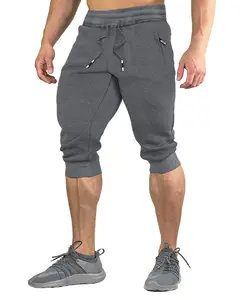 Men's 3/4 Capri Joggers Running Athletic Gym Workout Long Shorts Cotton Below Knee Pants with Zipper Pockets