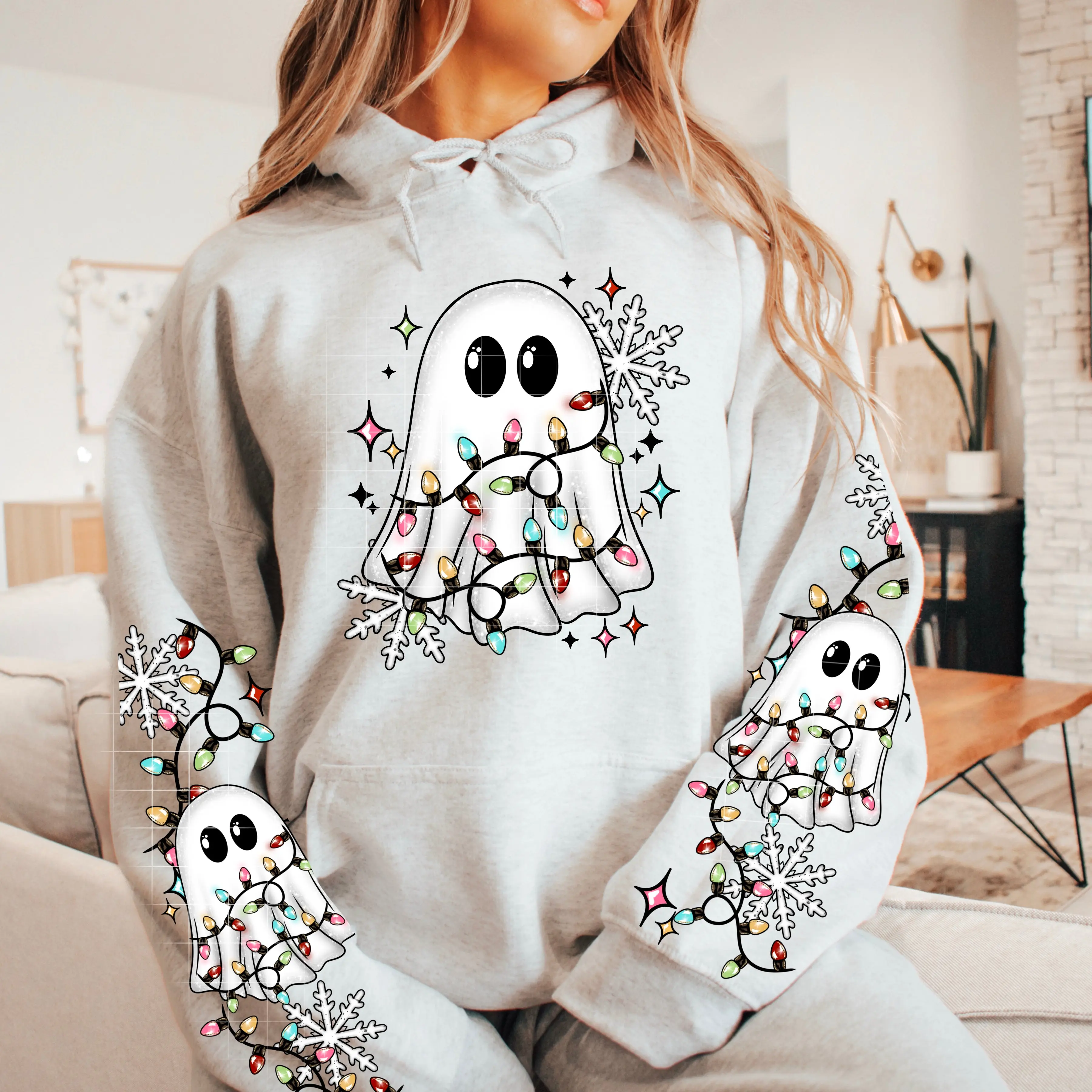 👻🎄 Christmas Ghost Hoodie With Sleeves ✨ Cute Holiday Lights Sweatshirt