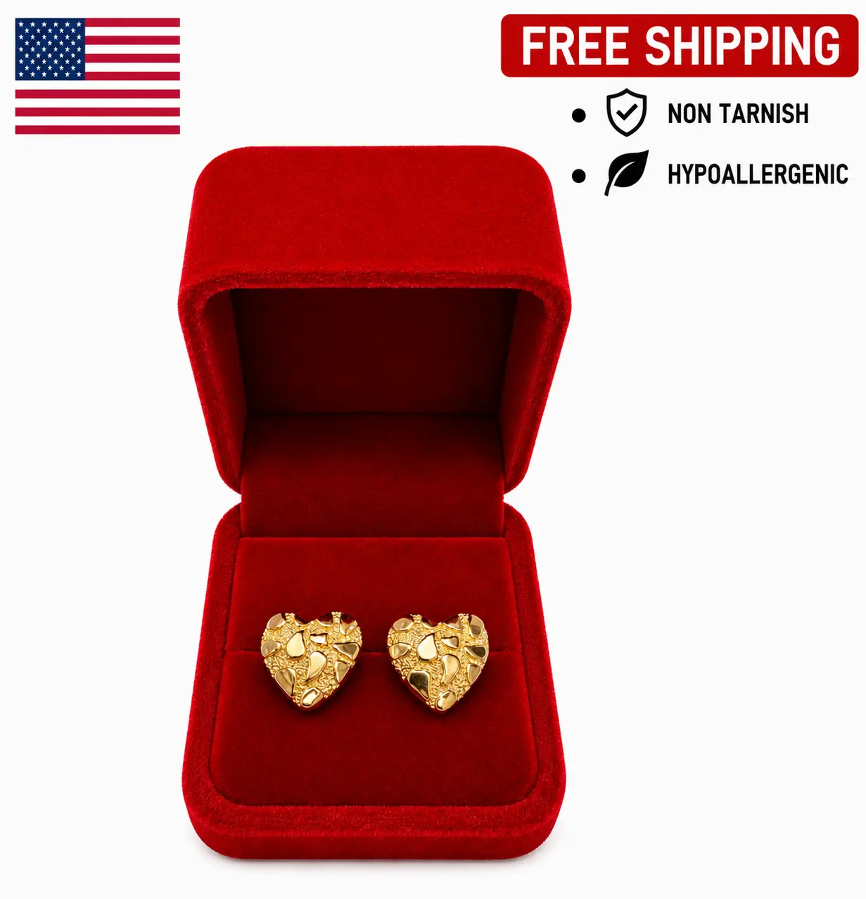 18K GOLD PLATED CUTE HEART TARNISH RESISTANT HYPOALLERGENIC EARRINGS FOR WOMEN