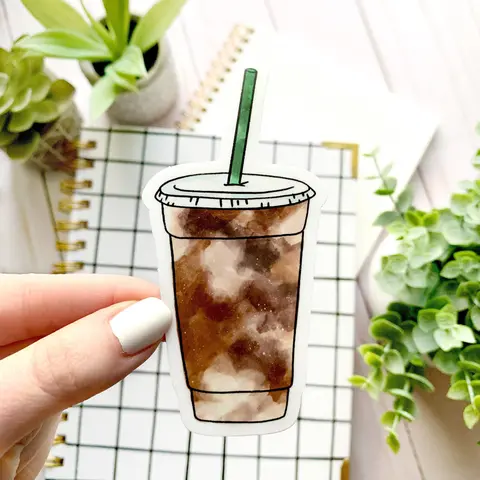 Elyse Breanne Design Watercolor Iced Coffee Decorative Stickers - 4x2 in Waterproof Vinyl, Removable, Removes with Minimal Residue, Dishwasher Safe, Indoor Outdoor Decorative Sticker for Quick DIY Home Decor Supplies