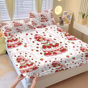 Strawberry Shortcake x My Melody Fitted Sheet Set, 1 Fitted Sheet + 2 Pillowcases - 3 Pcs Soft Bedding with Deep Pocket, 360° Full Coverage, Wrinkle Free, Cute Strawberry Cake Cartoon Bed Sheets for Girls, Full Size Decorative Bedsheet Sets
