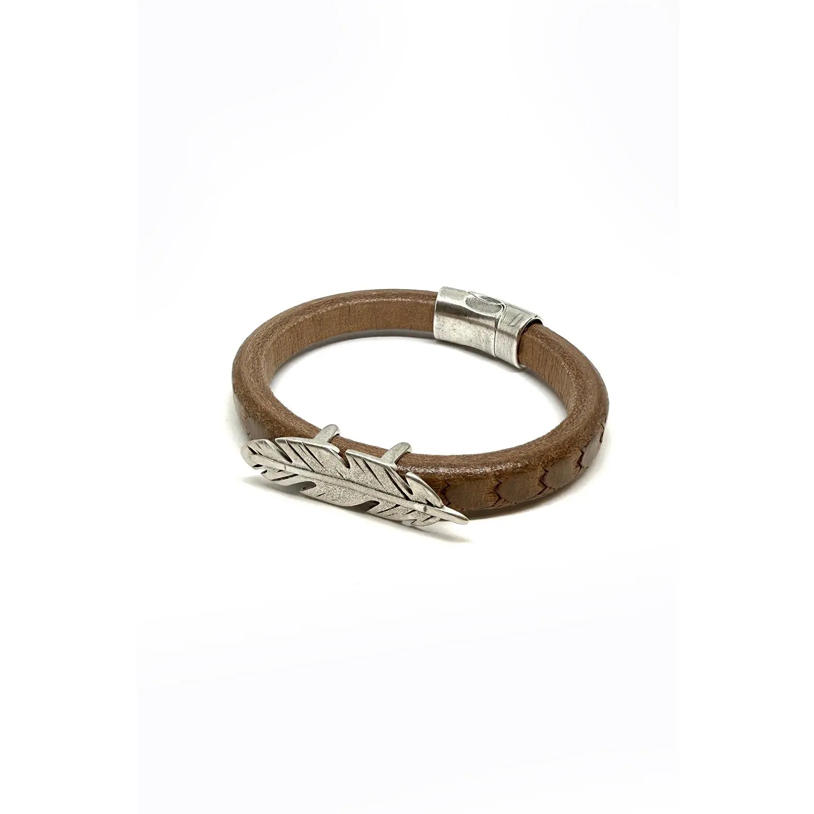 Light Brown Leather Bracelet with Silver Feather Accent