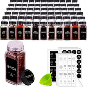 66 Pack Glass Spice Jars 4oz with 547 Labels, Black Metal Caps and Shaker Lids, Empty Square Spice Containers with Funnel and Chalk Pen, Seasoning Bottles for Spice Rack, Drawer, Cabinet and Kitchen Organization