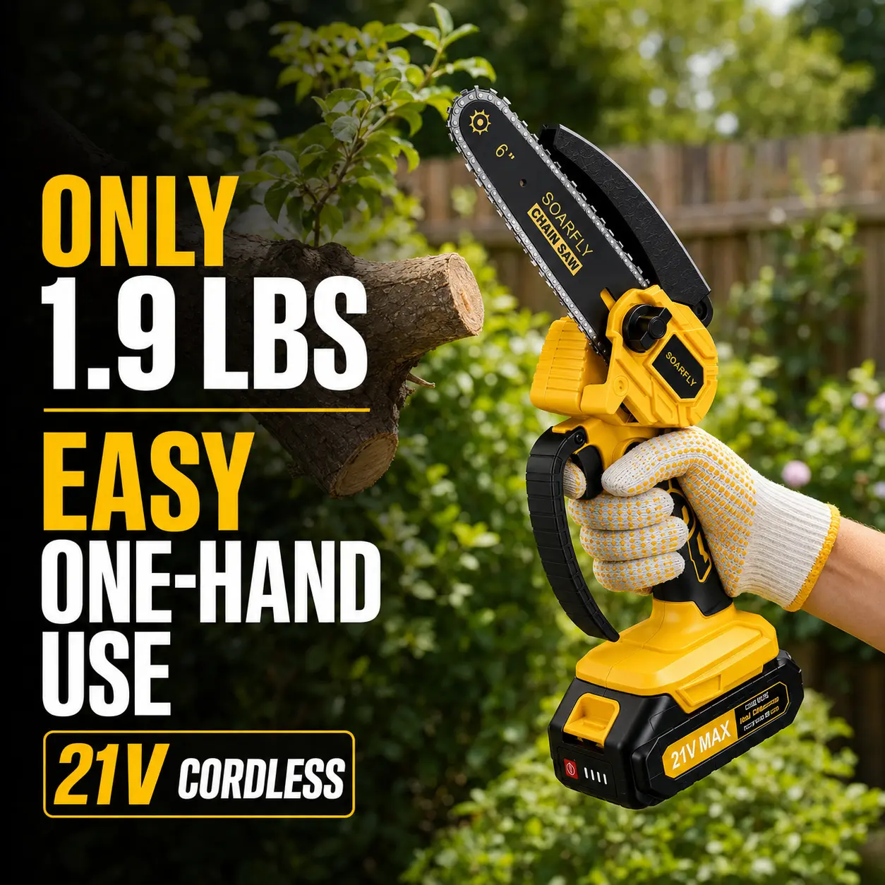 SOARFLY 6-Inch Cordless Mini Chainsaw Kit with 2 Batteries, 21V Lightweight One-Hand Electric Chainsaw with Tool-Free Chain Tensioning & Safety Lock for Tree Trimming and Wood Cutting