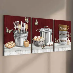 3-Piece Solid Wood Frame Canvas Art Set, Wooden Wall Art, Hanging Wall Art, Modern Kitchen Theme Posters, Perfect Living Room Decor, Waterproof Wall Mural, HD Home Decoration