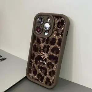 Phone Case: 1 brown style, fashionable and trendy glitter leopard heart lucky pattern phone case, an ideal gift for both men and women, suitable for iPhone 17/16/15/14/13/12/11/X/XS/XSMAX/16E/12.13MINI, Cover, Accessories, Smartphone, Cellphone