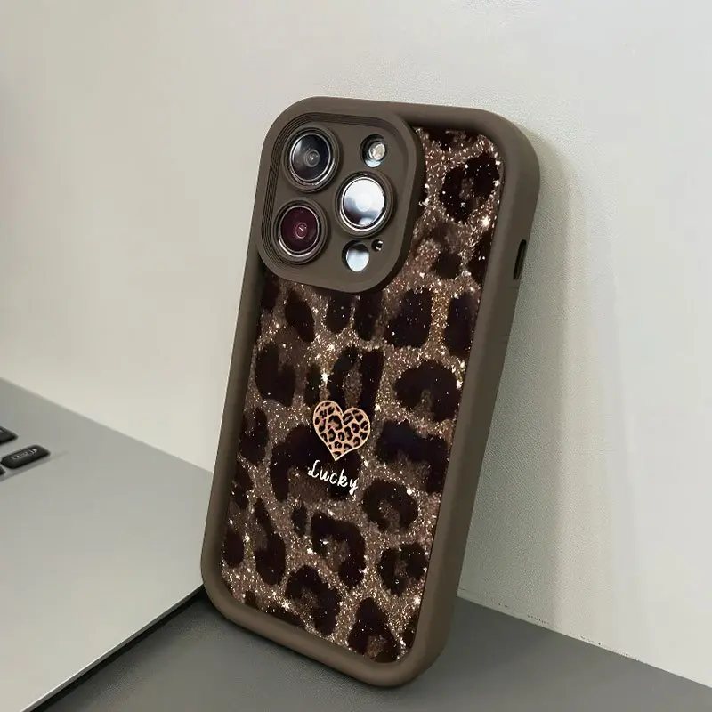 Phone Case: 1 brown style, fashionable and trendy glitter leopard heart lucky pattern phone case, an ideal gift for both men and women, suitable for iPhone 17/16/15/14/13/12/11/X/XS/XSMAX/16E/12.13MINI, Cover, Accessories, Smartphone, Cellphone