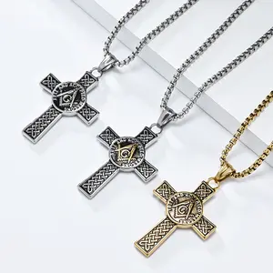 Retro Freemasonry Stainless Steel Cross Necklace Celtic Knot Titanium Steel Brotherhood Pendant