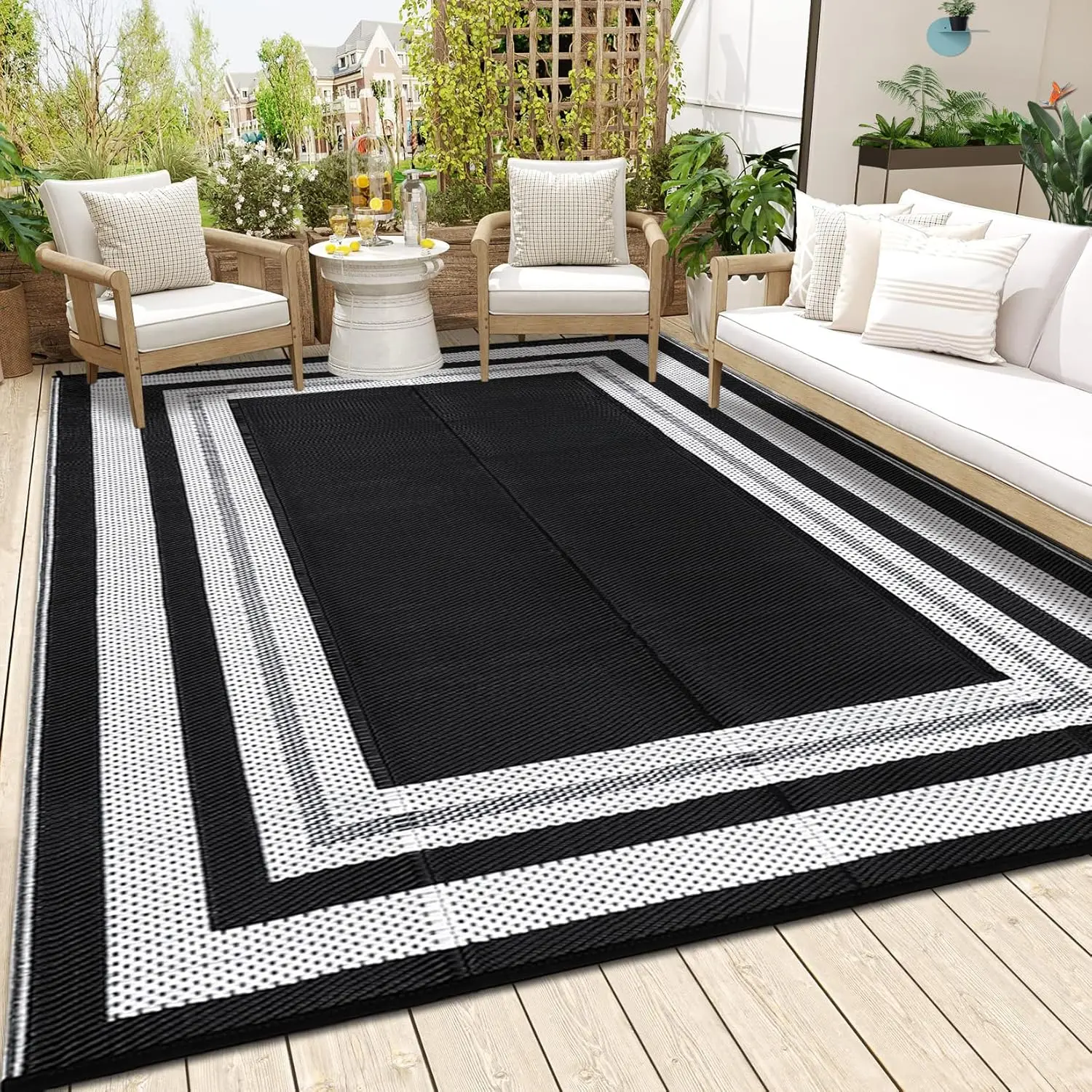Waterproof Reversible Outdoor Patio Rug Plastic Straw Carpet, Collapsible, Washable, Modern Design for Backyard, Porch, RV, Deck, Camping, Beach
