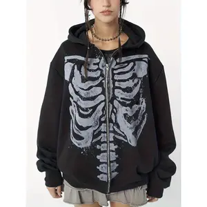 Y2K Skeleton Print Zip Up Hoodie Women's Oversized Sweatshirt Jacket with Pocket Long Sleeve Polyester Fabric Knit Pullover KN28986 Tops Can be used with raincoat