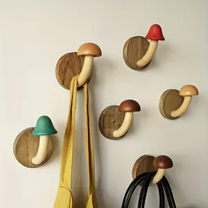 4 Pieces Country Style Wooden Mushroom Hooks, Non-Porous Solid Wood Clothes and Hat Hangers, Easy-to-Install Wall-Mounted Storage Hooks, Nordic Style Home Kitchen Storage Racks