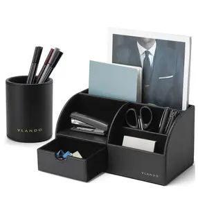 VLANDO Office Desk Organizer Leather Desktop Organizer Caddy with Drawer for Storing Desktop Supplies and Accessories Back to School Stationeries