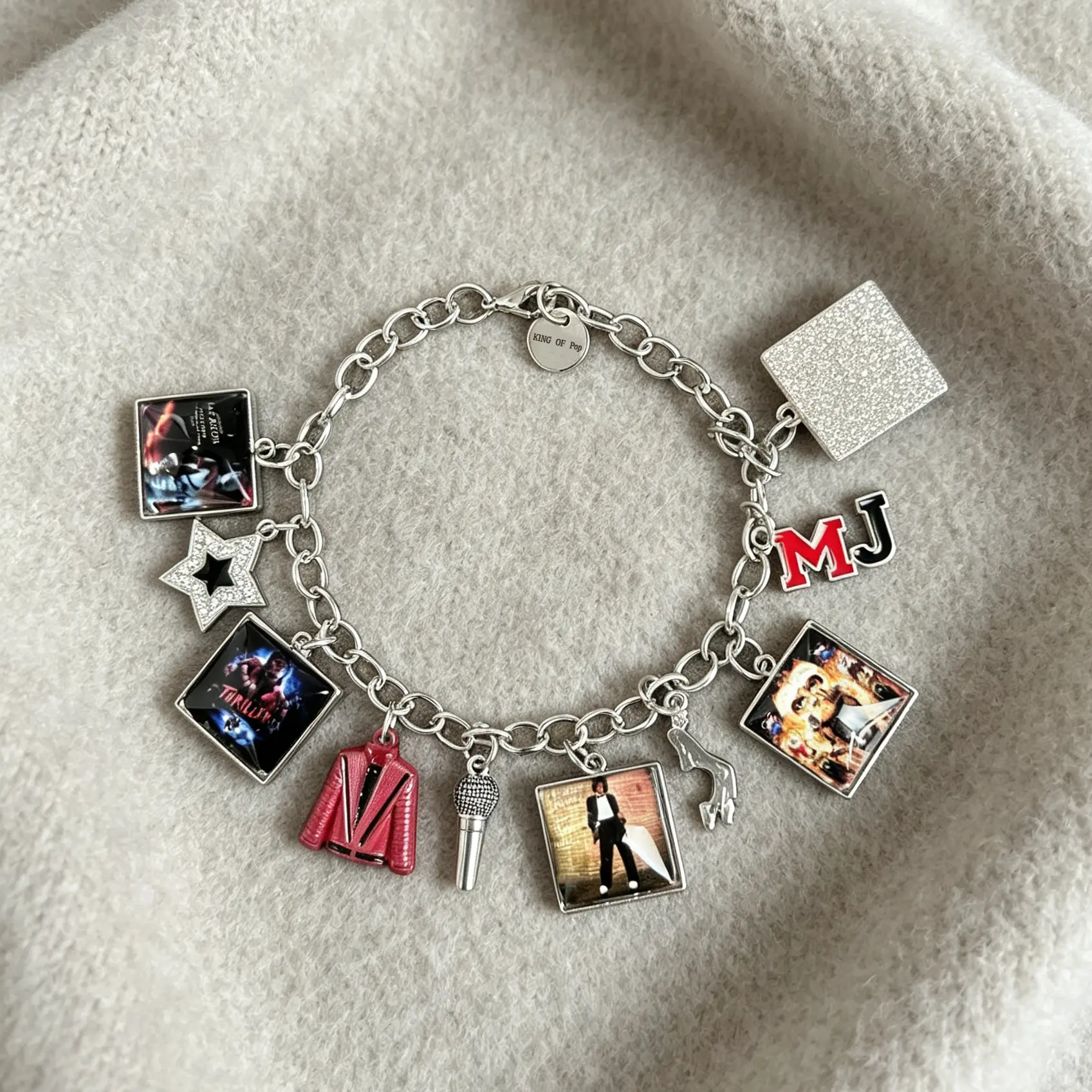 Music Inspired Charm Bracelet, Vintage Link Chain Bracelet with Microphone, Jacket & Album Charms, Unisex Fan Gift, Back to School jewelry gift fashion woman