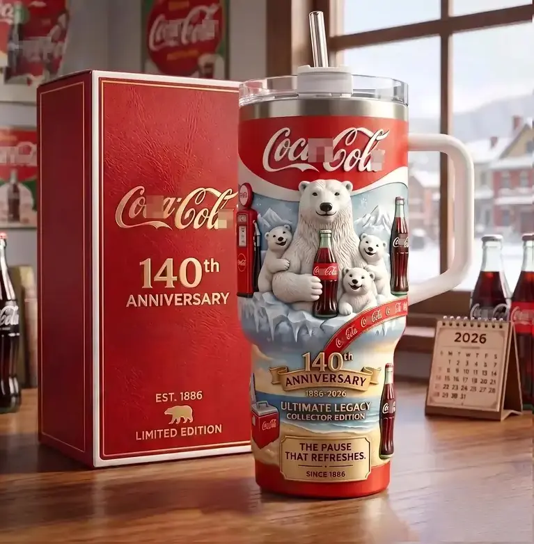 [Gift Box & Straw] 40oz Coke Est 1886 Anniversary Stainless Steel Tumbler with Handle, Retro Coca-Cola Polar Bear Double Wall Vacuum Insulated Travel Mug, Fits Car Cup Holder, Christmas Holiday Gift