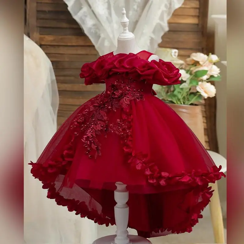 Women's Elegant Evening Gown, Chic Trendy Polyester Formal Dress with 3D Flowers, a High-Low Hem, and Long Train, Chic Trendy Dress, High-Low Cut