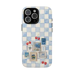 Retro Blue Picture Gingham Phone Case |   Retro Wavy Lines, Modern Floral Phone Cover For Iphone 11,12,13, 14,15,pro, 16 17promax Aesthetic, Pastel